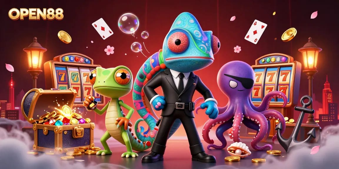Experience the thrill of gaming with OPEN88’s dynamic casino scene featuring vibrant characters and rich casino elements.