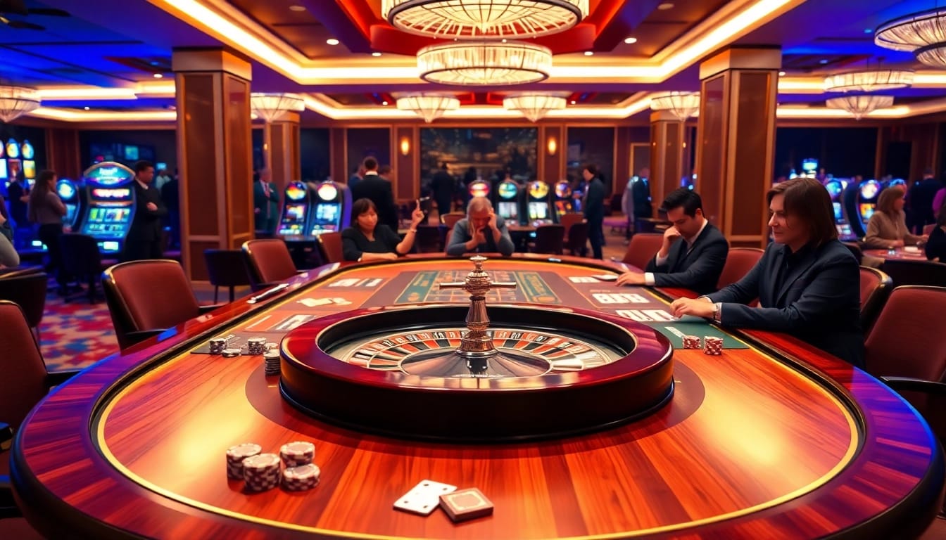 Exciting poker game scene at a luxurious rikvip casino, showcasing intense players and vibrant ambiance.