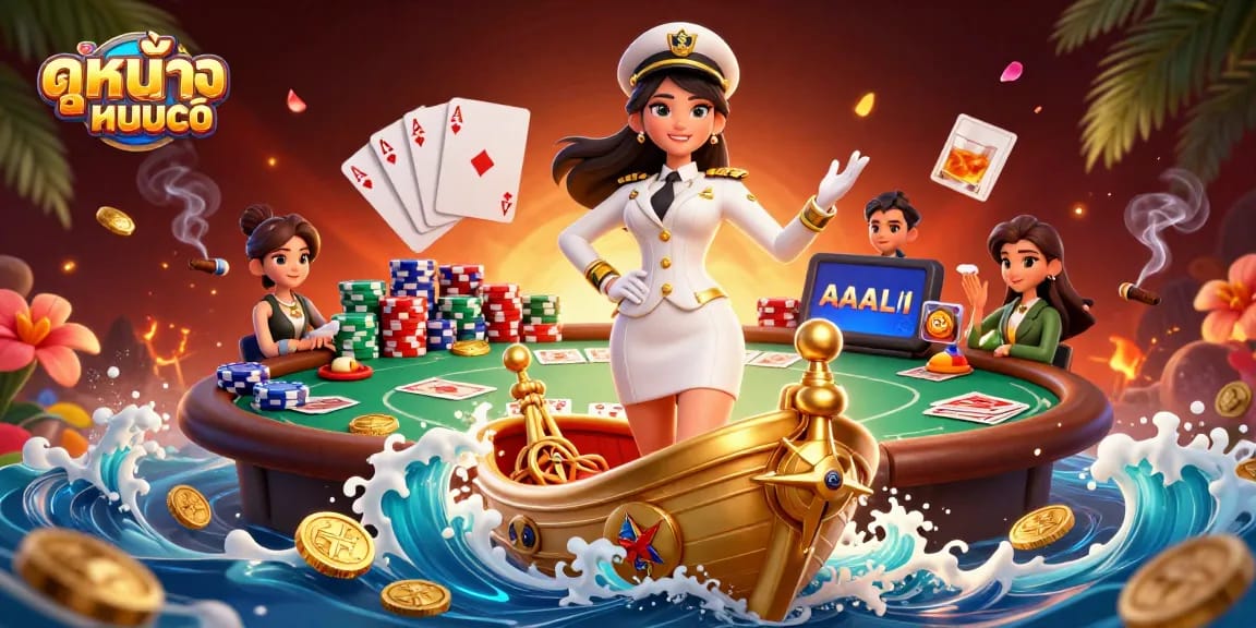 Engage with ดูหนังออนไลน์ as the elegant woman claims victory with colorful poker chips and cards in vibrant casino.