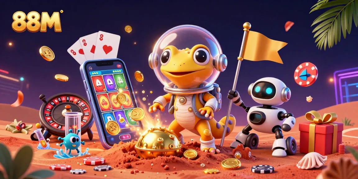 Experience the excitement of 88M casino games with vibrant slot visuals and alien characters.