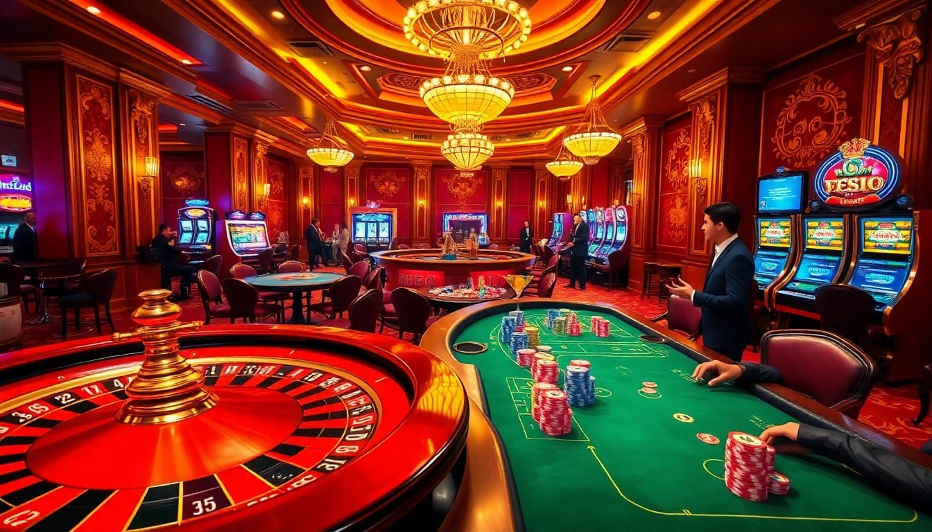 Experience high-stakes excitement at EE88 casino with vibrant poker tables and roulette wheels.