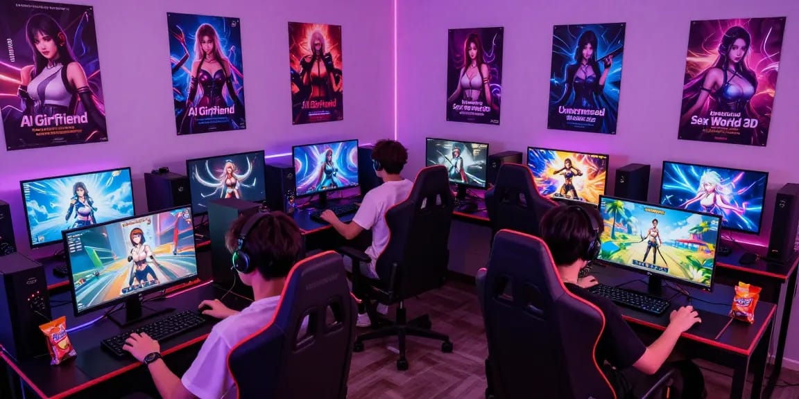 Diverse players enjoying a hentai game experience in a vibrant gaming room with neon lights and immersive characters.