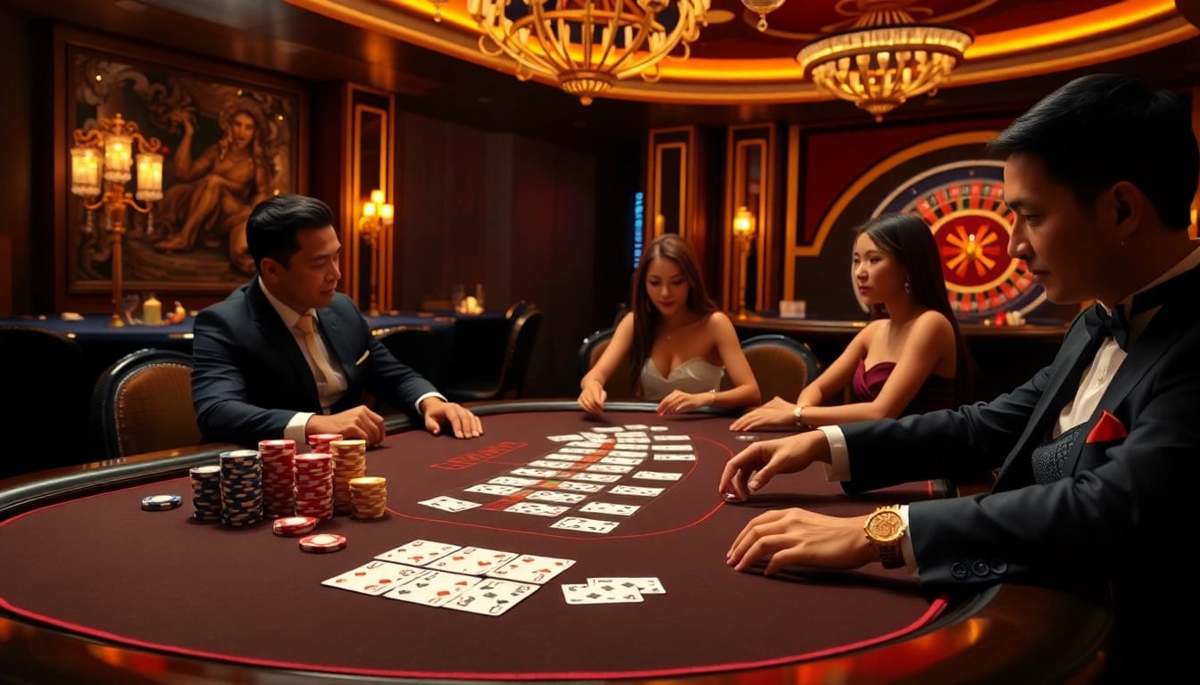 High-stakes poker action at a luxury 88vv casino with glamorous players and colorful chips.