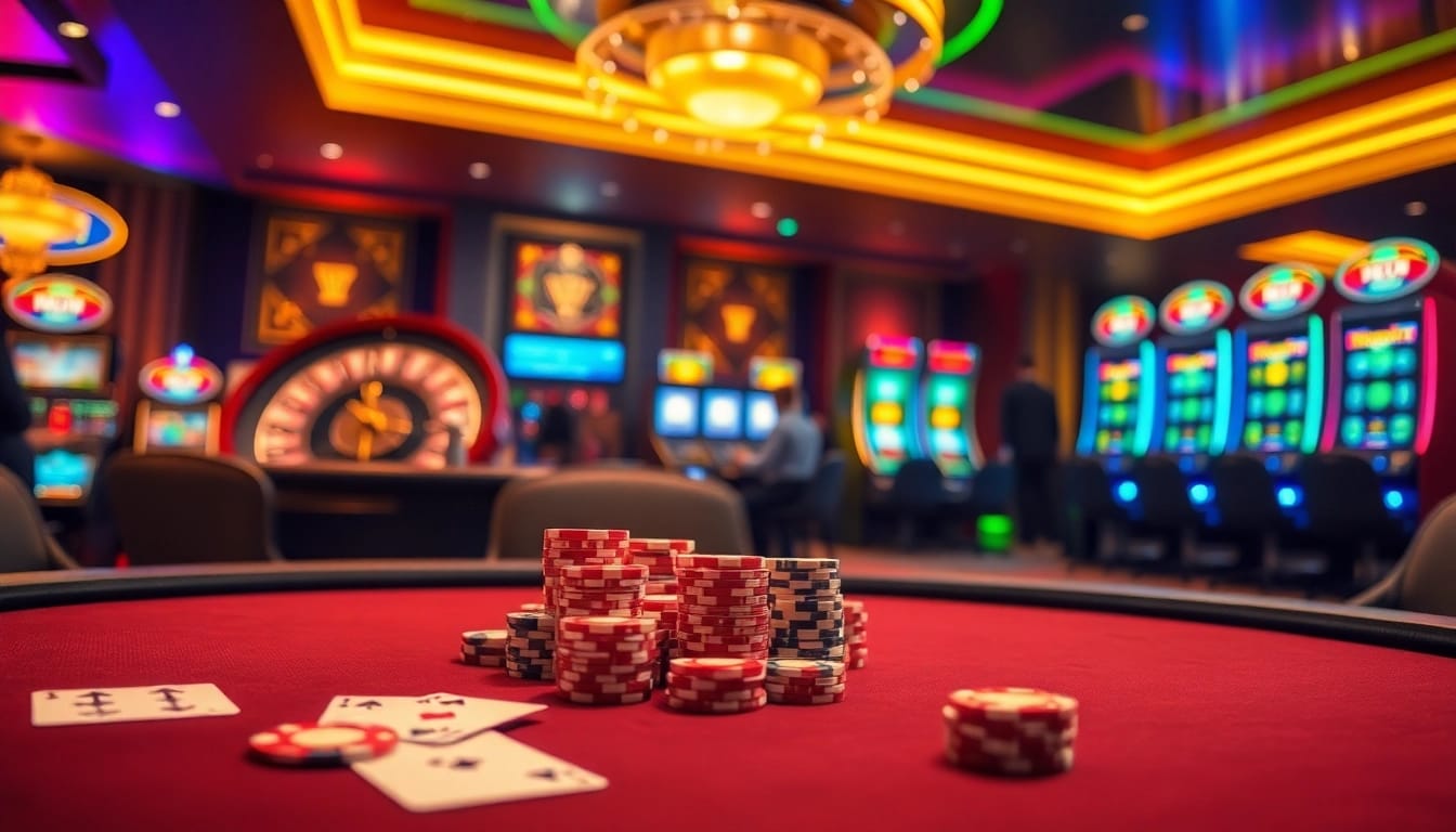 Engage in thrilling kp88 bet experiences at an exciting casino scene with vibrant slot machines, roulette wheels, and poker tables.