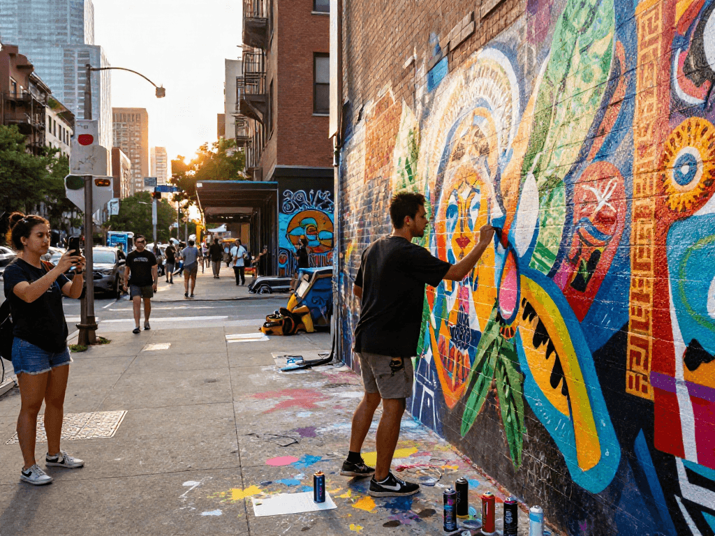 Creative artist painting vibrant mural in urban setting, expressing nsfw art culture and collaboration.