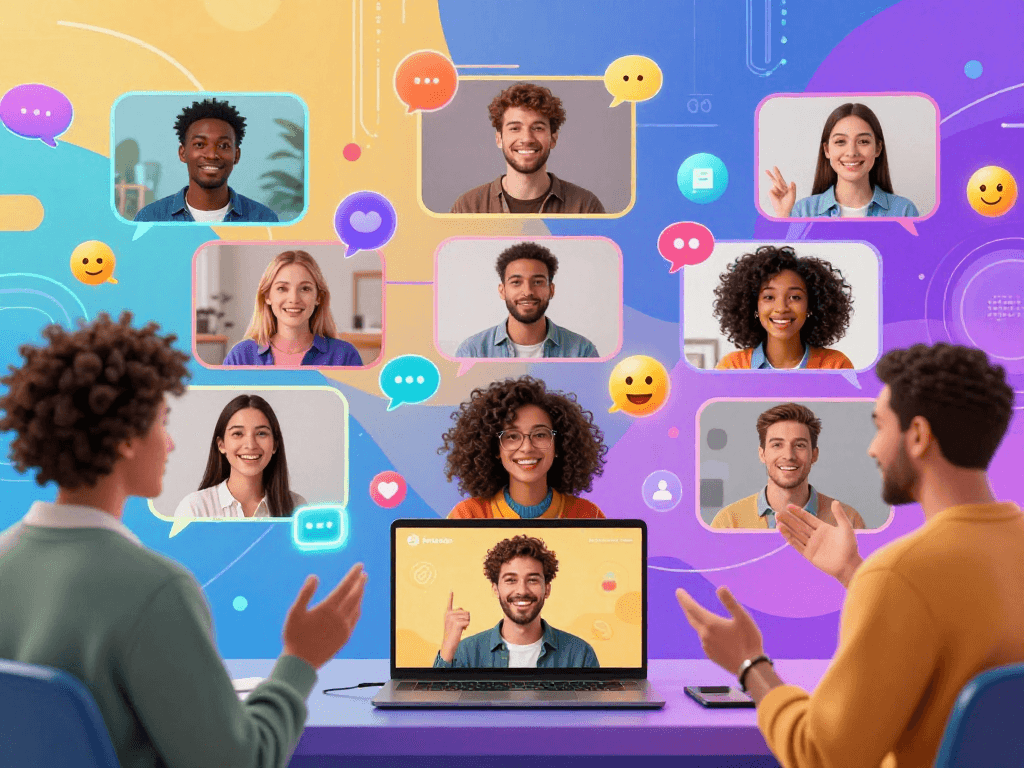 Dynamic virtual chat scene enhancing the concept of porn ai chat through diverse avatars and interactive digital elements.