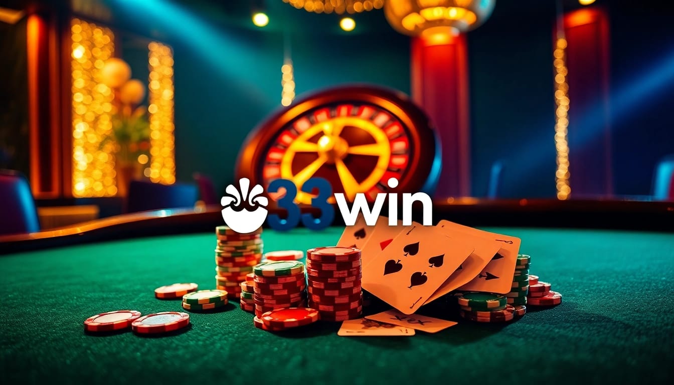 Experience a vibrant gaming moment at 33win, featuring a luxurious poker table and roulette wheel.