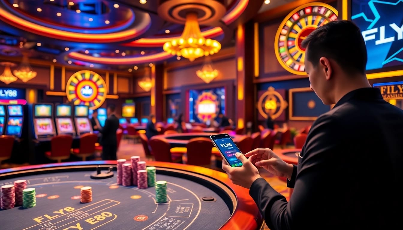 Experience FLY88 đăng nhập with vibrant casino visuals and exciting gambling elements.