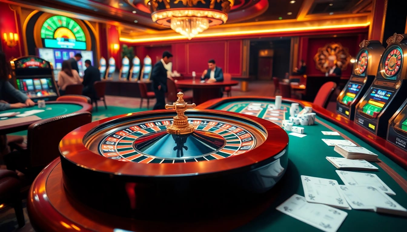 Experience the thrill of gambling at HM88 with vibrant casino tables and colorful poker chips.
