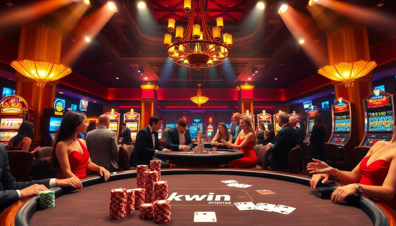 Kwin gaming experience with players at an elegant poker table and vibrant slot machines.