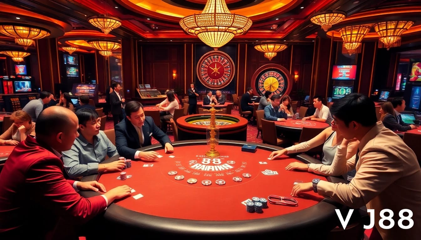 VJ88 casino scene showcasing thrilling poker gameplay with vibrant chips and cards