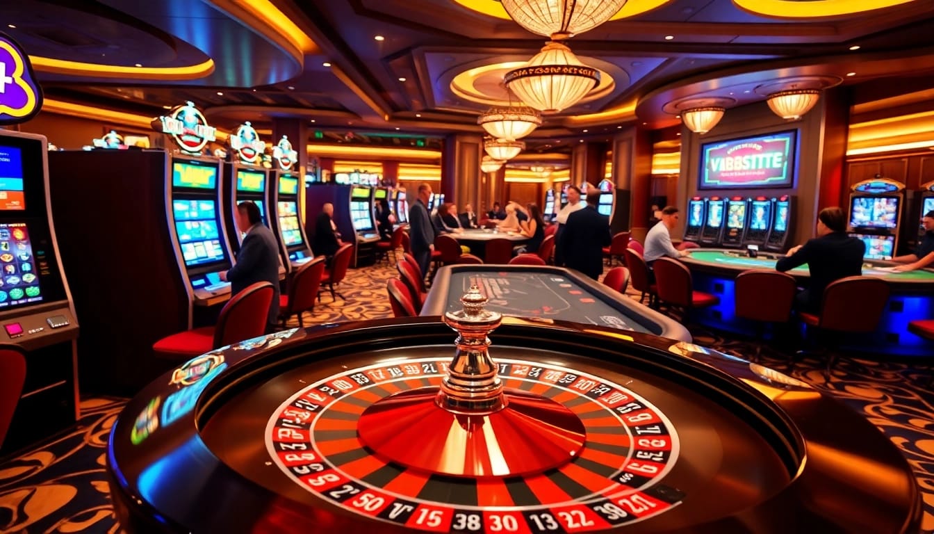 Players enjoying a thrilling casino experience at https://v188v.net/, featuring roulette and poker tables.