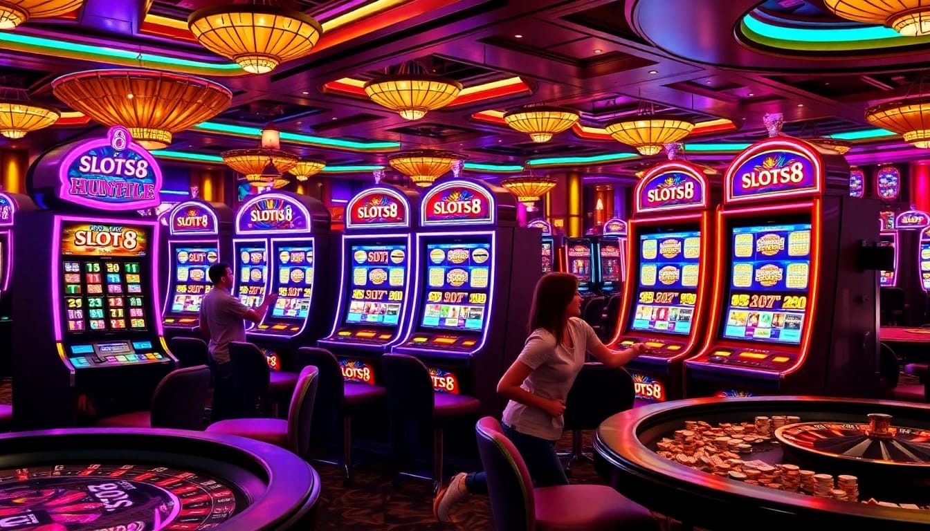 SLOTS8 slot machines lighting up the casino, attracting eager players with vibrant excitement.