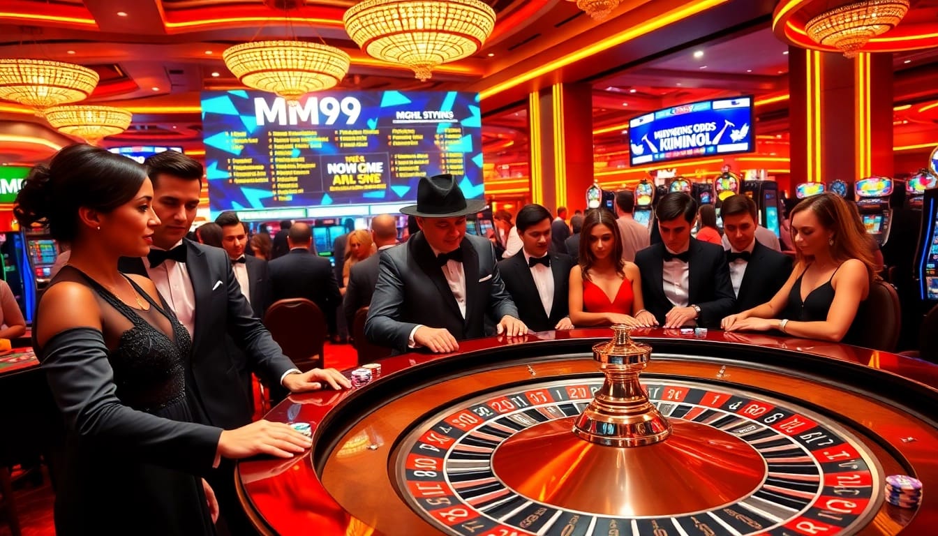 Engaged players enjoy a high-stakes game at MM99's luxurious casino, surrounded by vibrant lights.