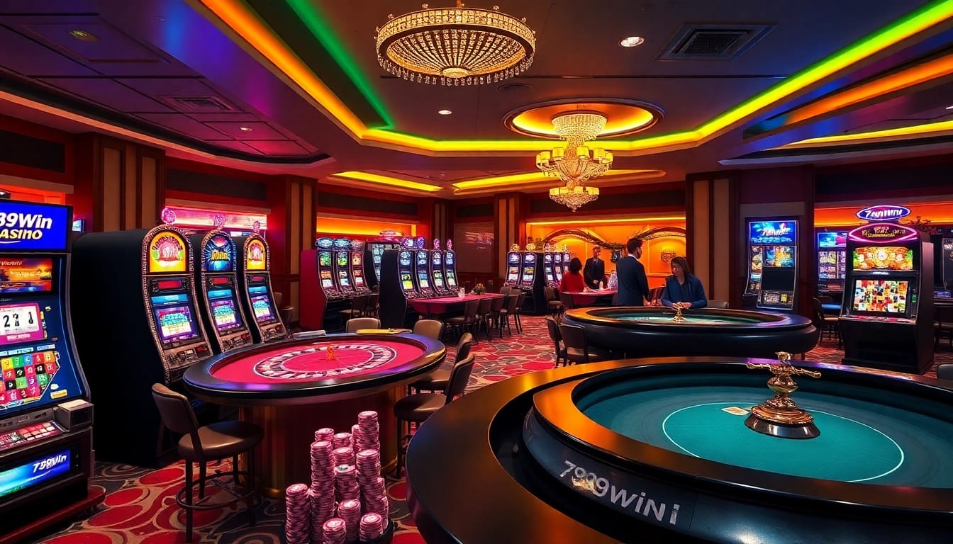Players enjoying thrilling games at 789win's upscale online casino, featuring vibrant tables and slot machines.