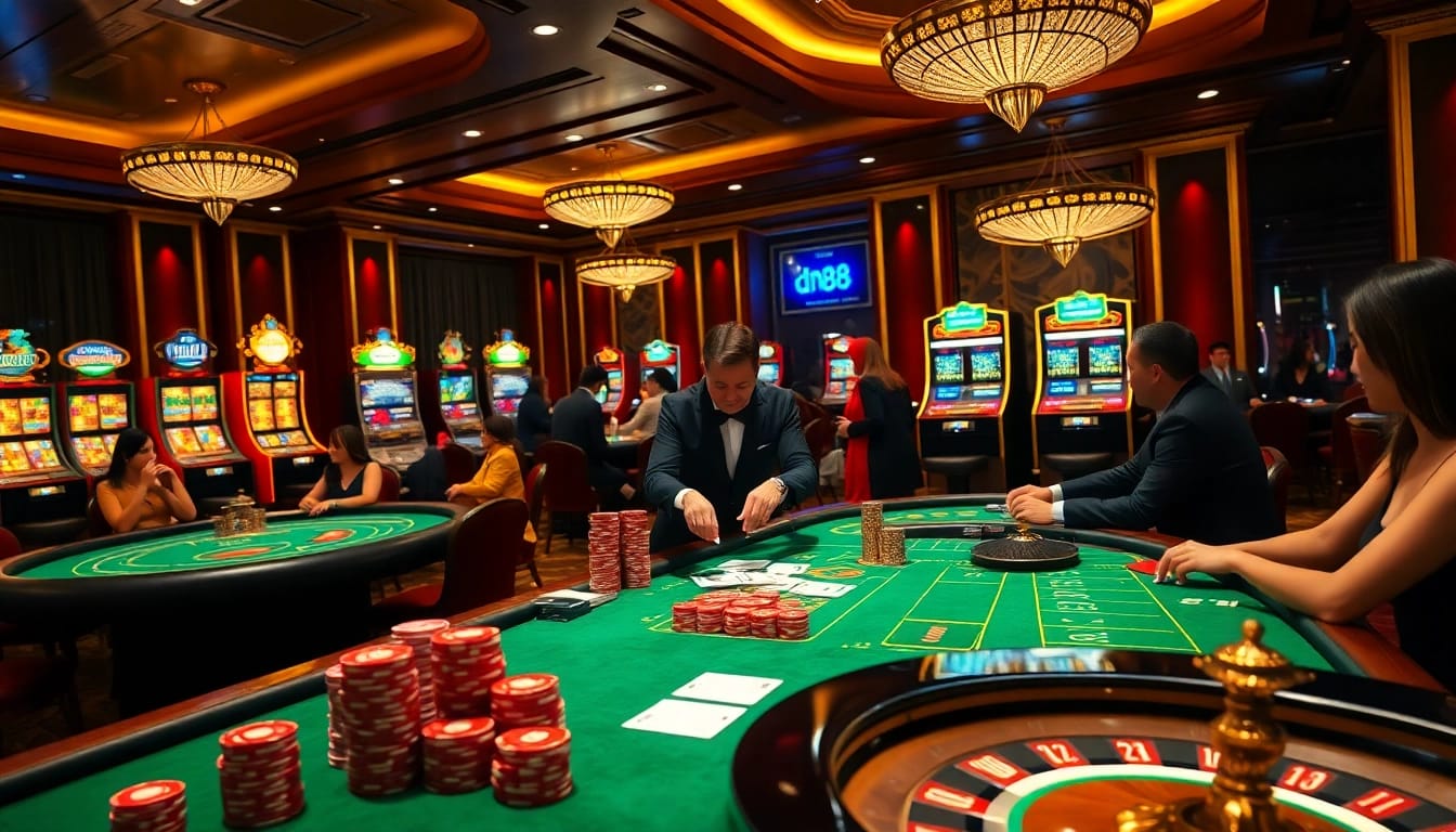 Experience the excitement of dn88 casino with high-stakes poker, vibrant tables, and glowing slot machines.