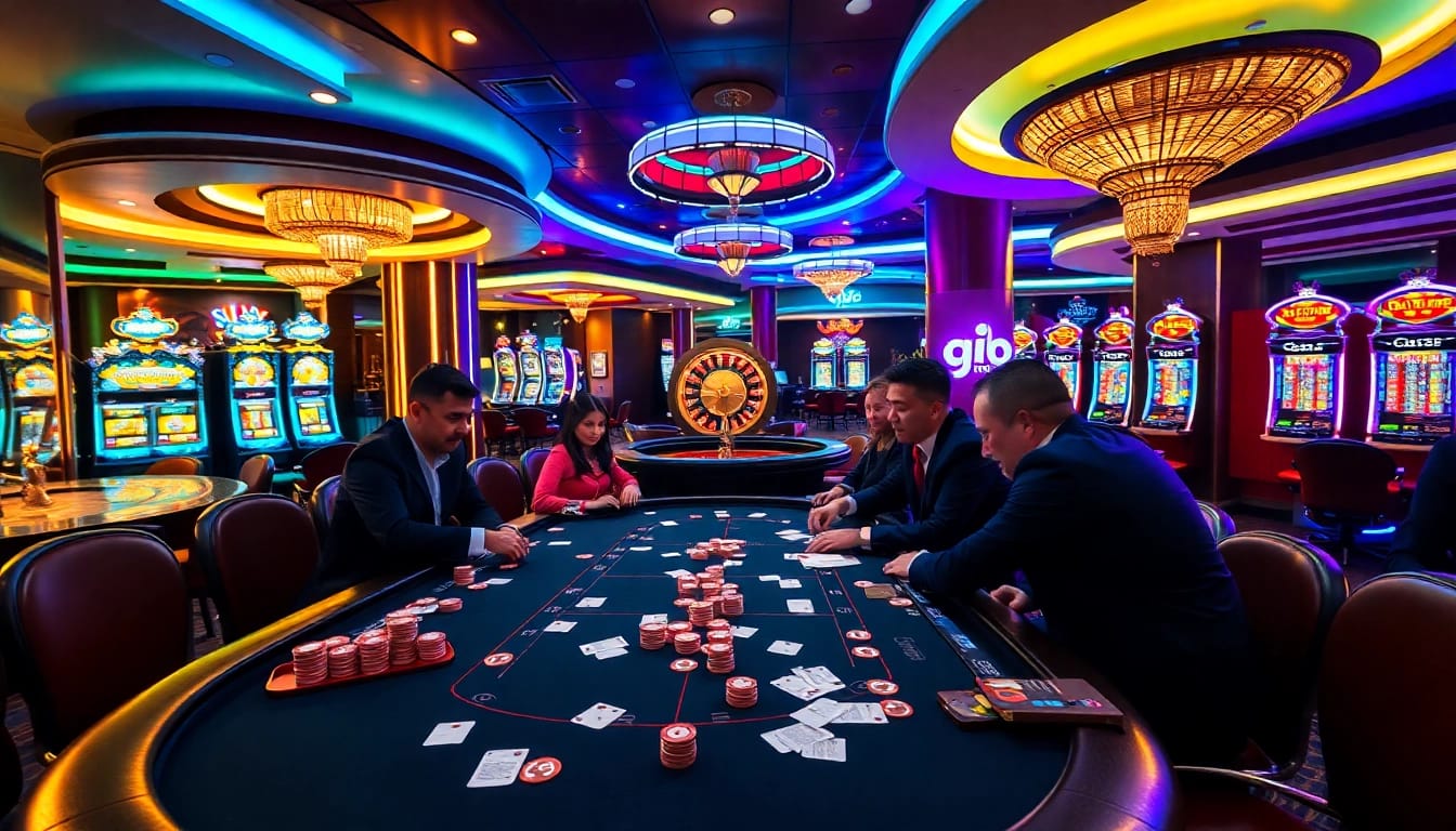Win at go8 poker tables with vibrant lights and high-stakes action in a luxurious casino.