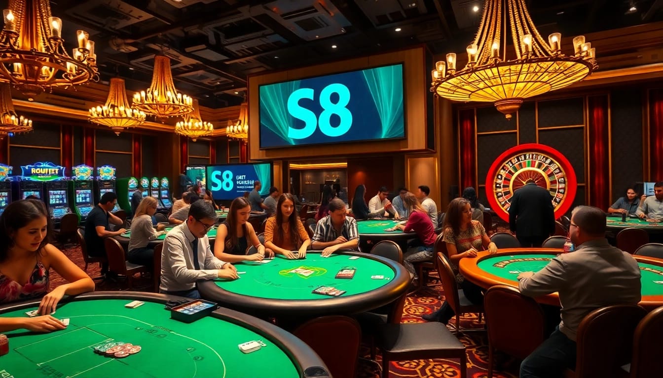 Gamblers enjoying a lively casino atmosphere featuring S8 branding and luxurious tables.