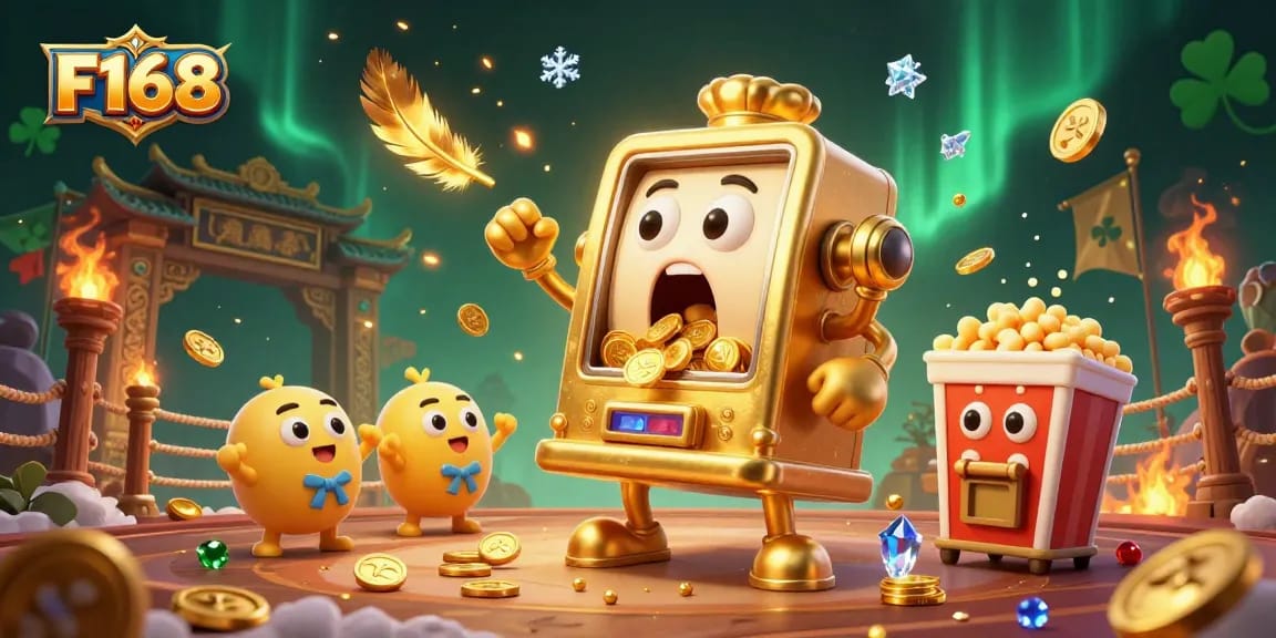 F168 slot machine celebrating a jackpot amidst gold coins and vibrant casino elements.