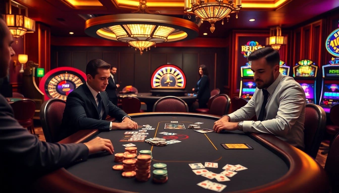 789F casino players engaging in high-stakes poker with vibrant chips and cards.