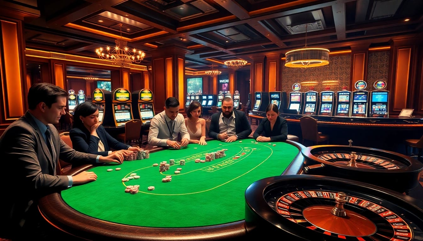 Exciting casino ambiance showcasing poker action at https://69vn.br.com/ with vibrant lighting and luxurious decor.