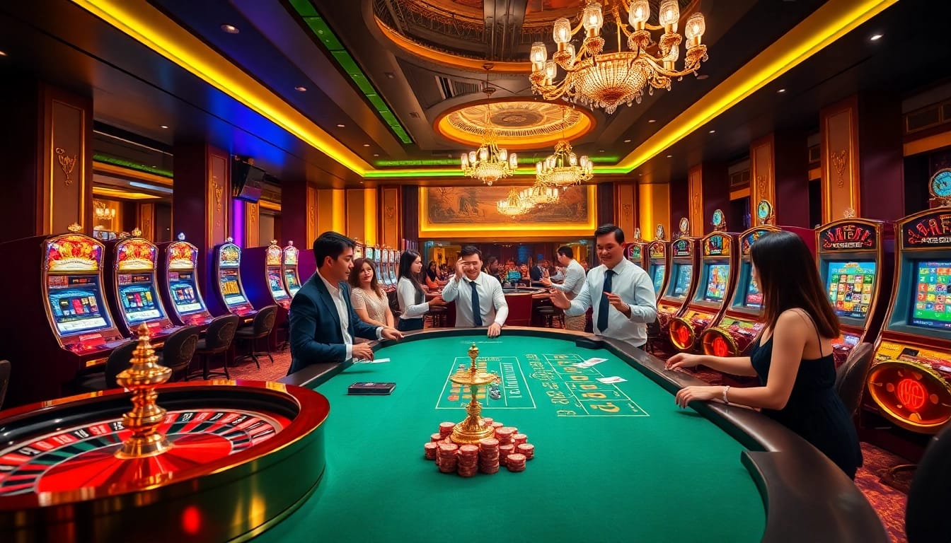 An engaging scene at 88vv casino showcasing lively players at a poker table with vibrant slot machines.