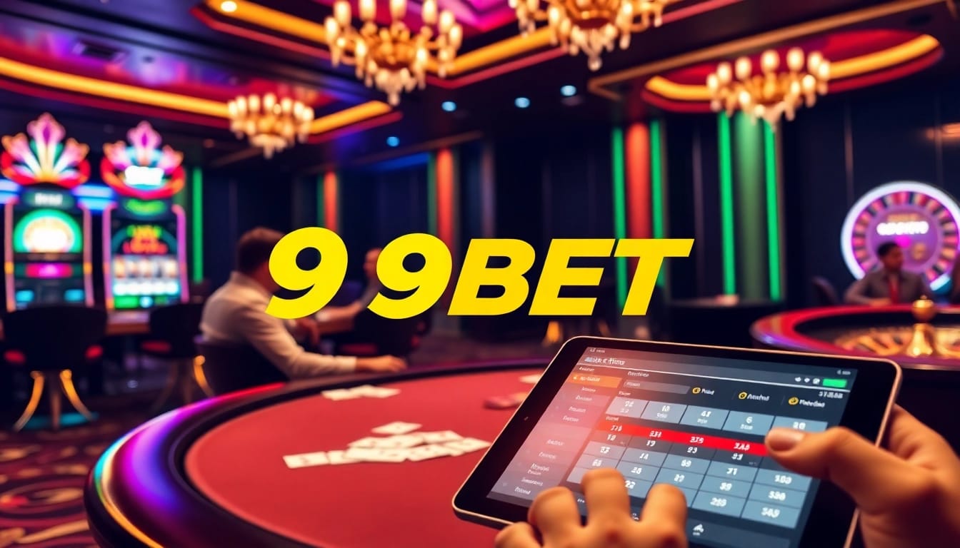 Players enjoying a vibrant gaming experience at 9bet casino tables with exciting slot machines.