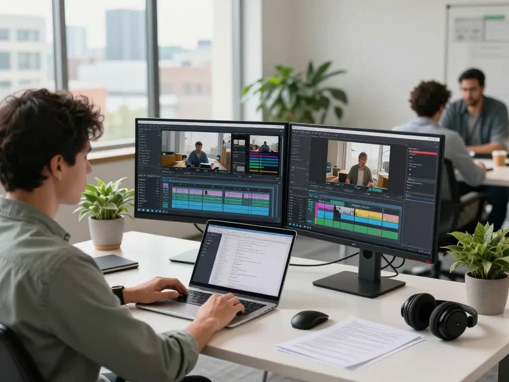 Data analyst using video to prompt technology in a bright office, showcasing AI video analysis process.