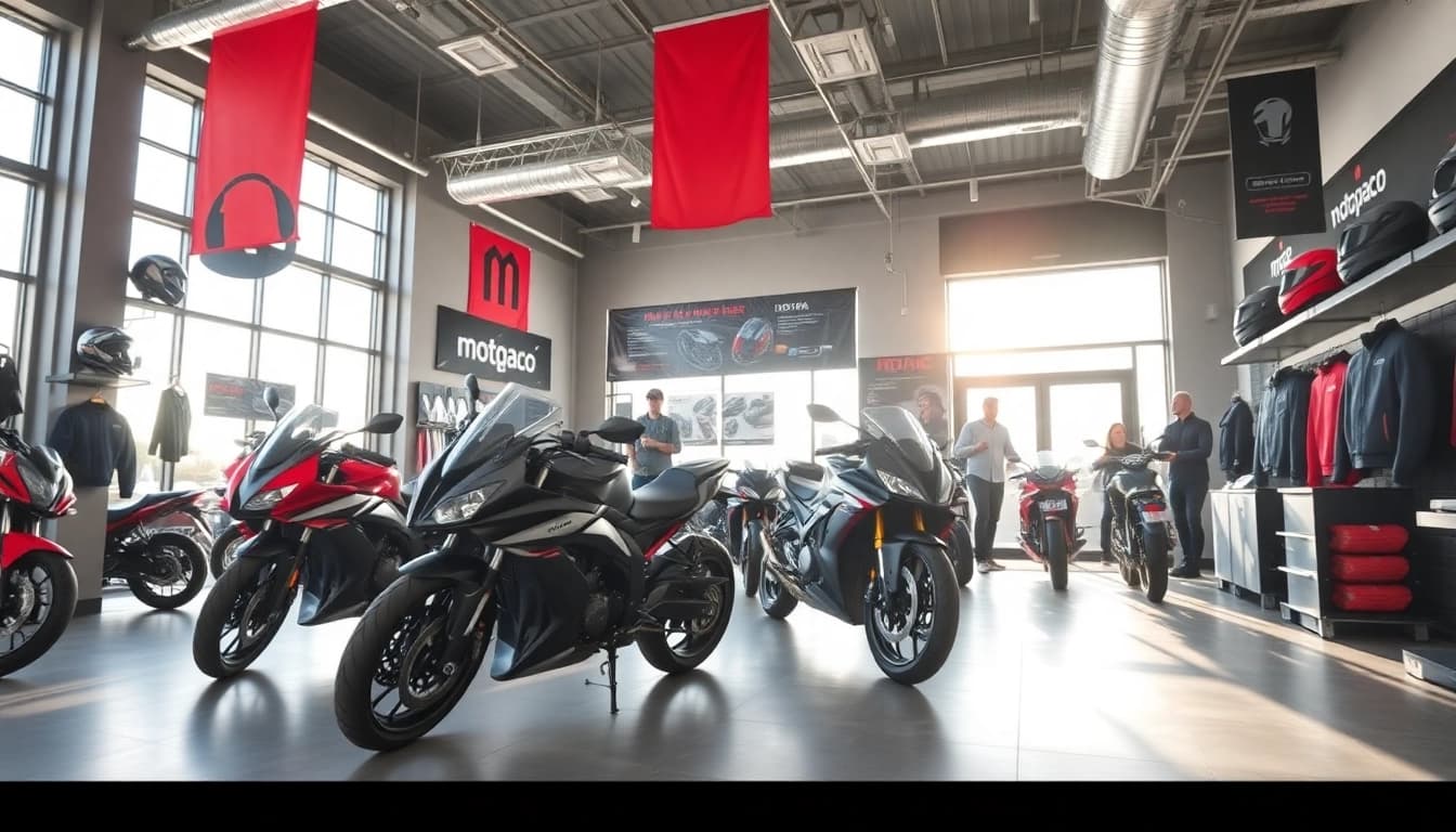 Showroom moto Motopaco avec des motos modernes et du matériel de qualité, ambiance accueillante.