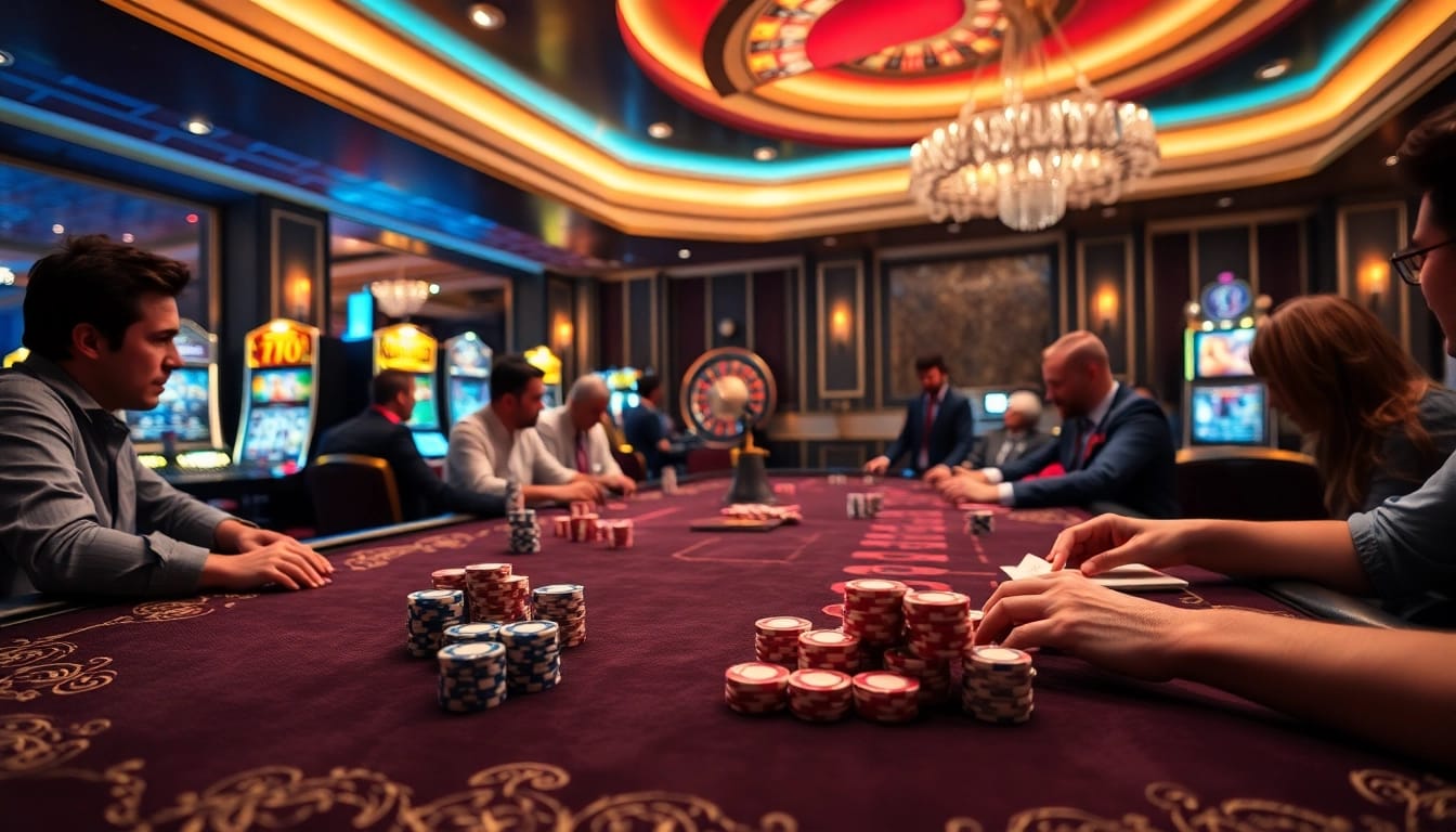 Exciting gameplay at 789club with poker chips and slot machines in a luxurious casino setting.