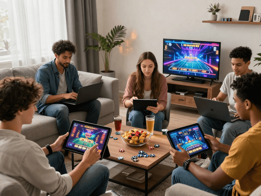 Friends enjoying online casino games at home with vibrant graphics, inspired by https://aboutobo.com.