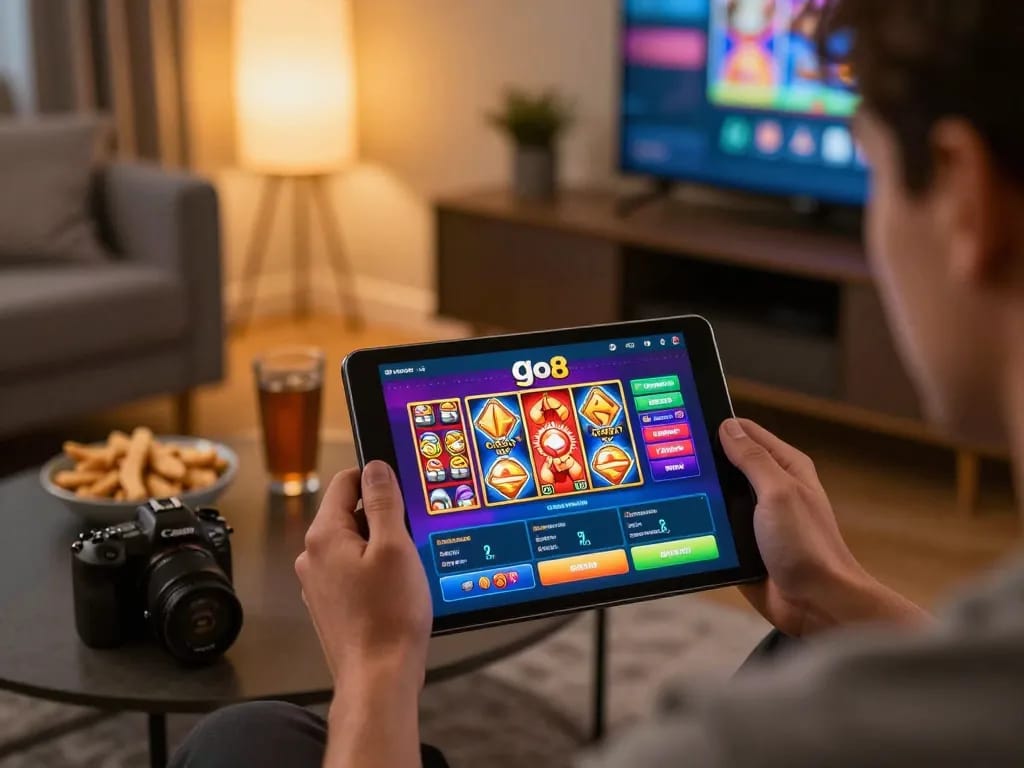 Player engaging with go8 casino app on a tablet while enjoying a cozy home atmosphere