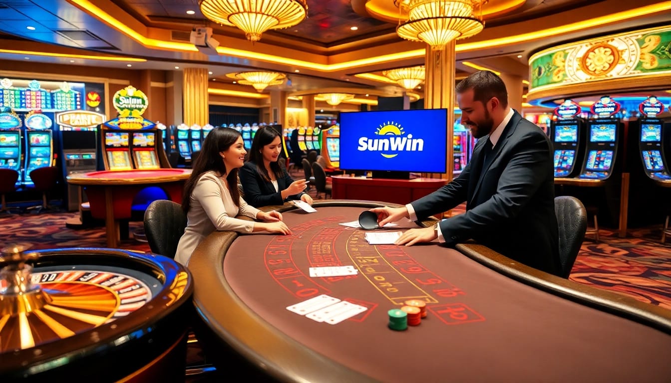 Players enjoying a thrilling game experience at sunwin casino with vibrant tables and engaging dealers.