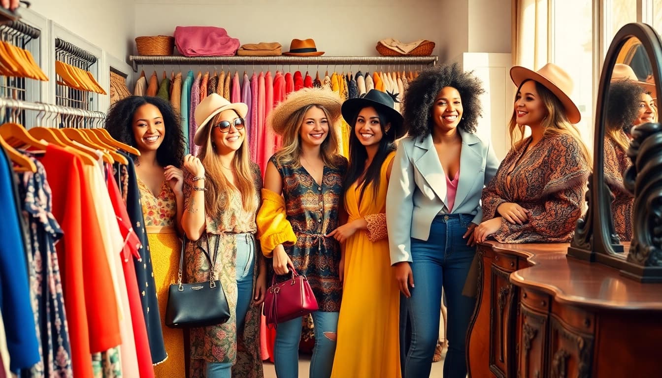 Women Fashion enthusiasts trying outfits in a stylish boutique, showcasing diversity and style.