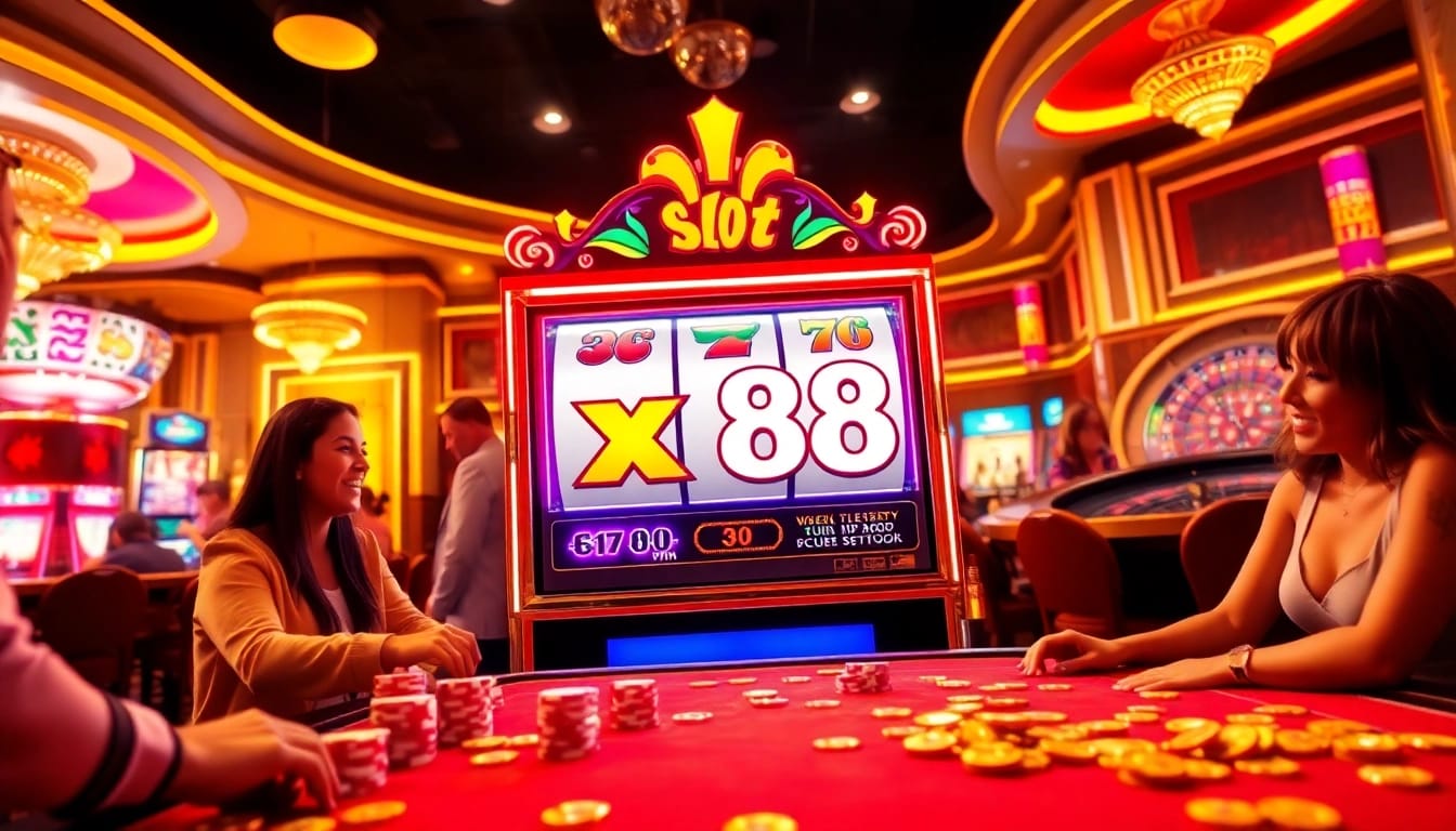 Excited players winning on the vibrant slot x88 machine in a luxurious casino setting.