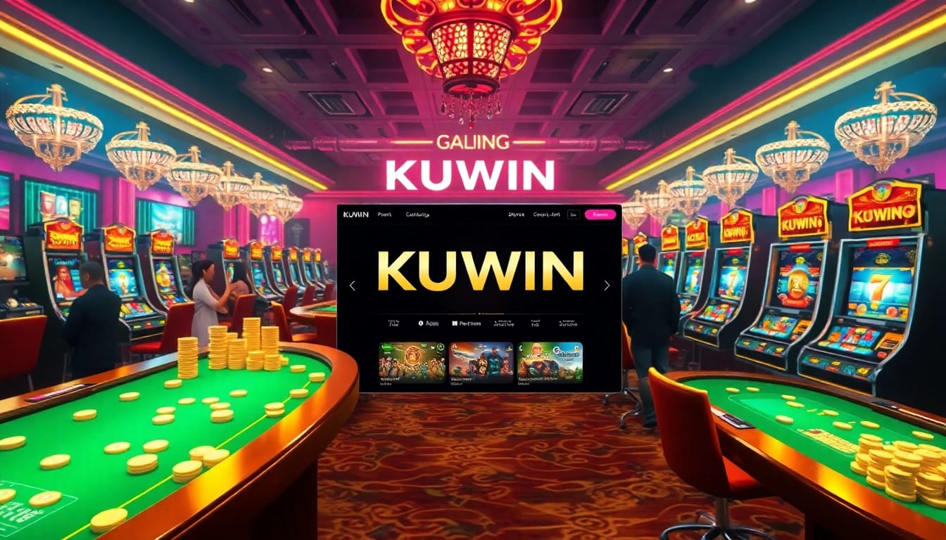 Experience the excitement of winning at KUWIN with vibrant casino visuals, featuring tables and slot machines.