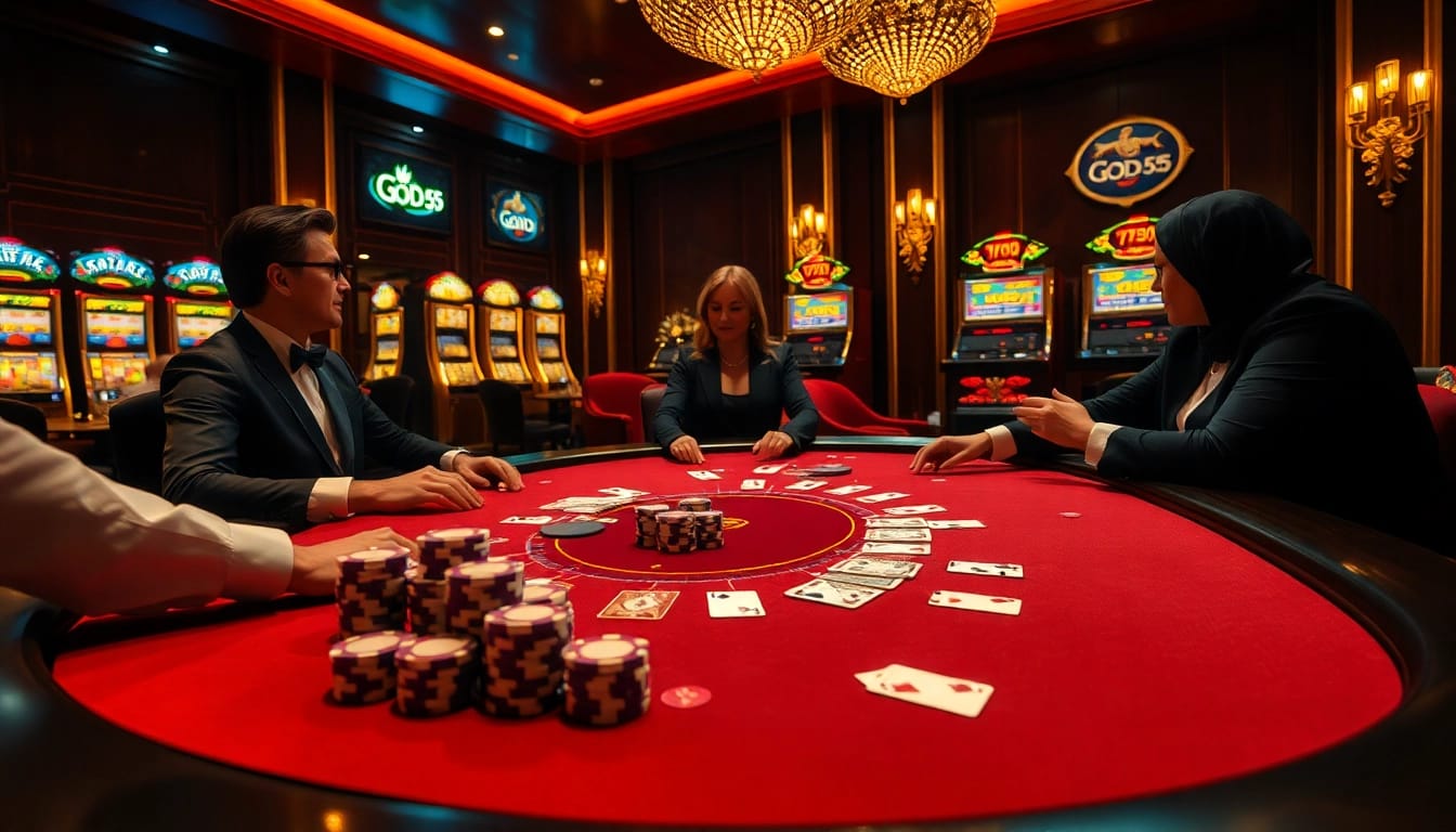 Experience a thrilling poker game at GOD 55 with luxurious chips and vibrant casino ambiance.