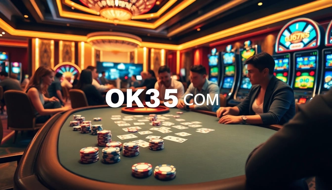 Players enjoying a thrilling game of poker at OK365 COM with vibrant chips and a luxurious casino backdrop.