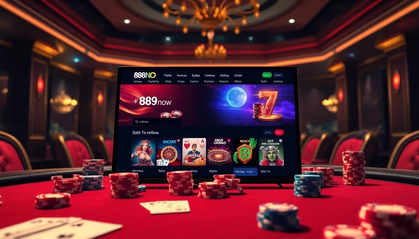 Experience the thrill of 888now.com with vibrant poker chips and interactive gaming options on a luxurious casino table.