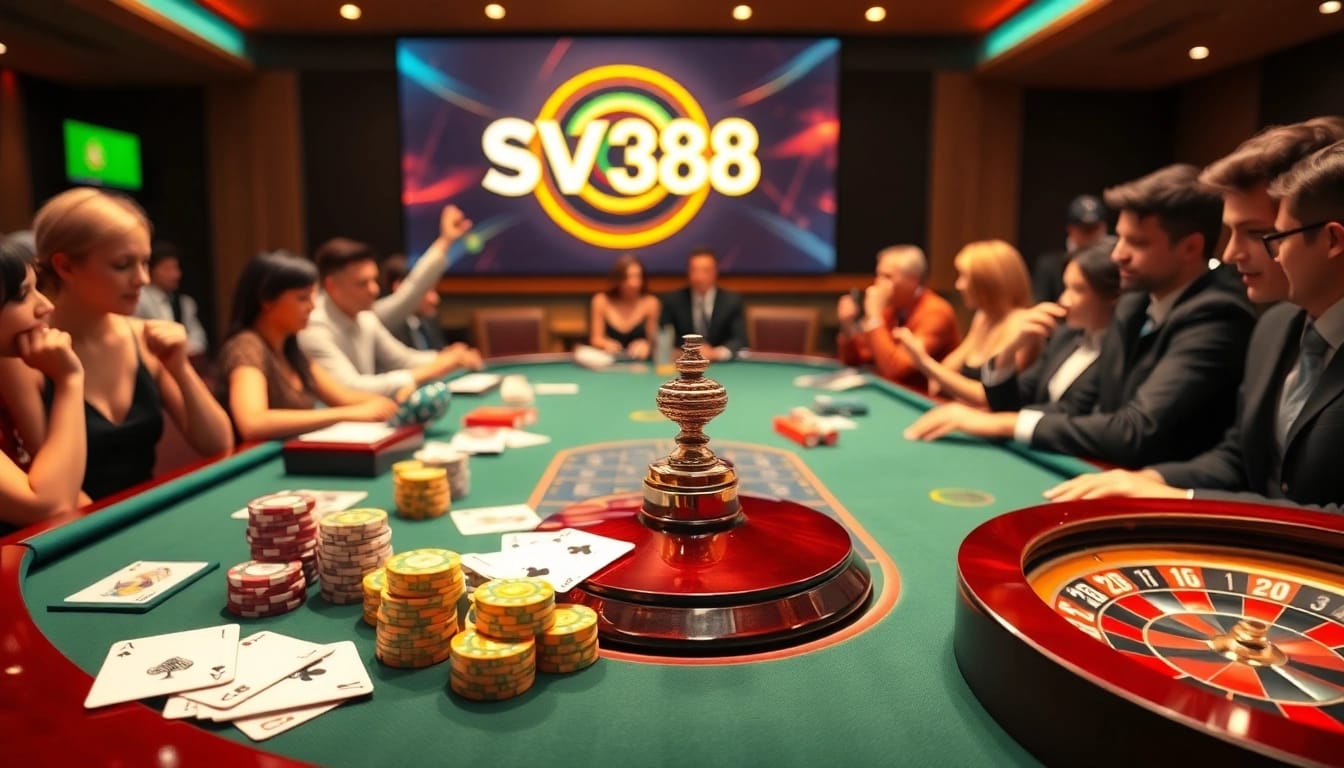 Dynamic gaming action at nhà cái SV388 featuring poker chips and cards on a vibrant casino table.