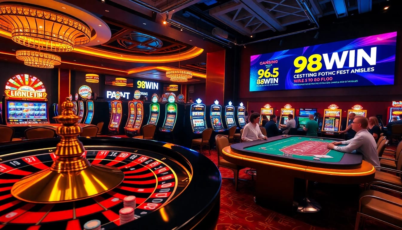 Experience the thrill of 98WIN with a vibrant casino scene showcasing roulette, poker, and slots.