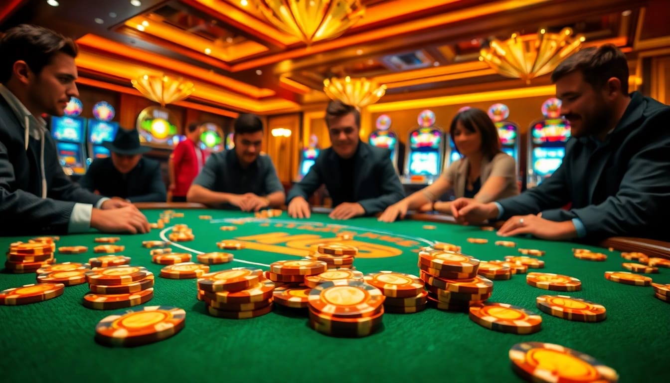 Experience the thrill of KK55-themed gambling with engaging poker players and vibrant chips.