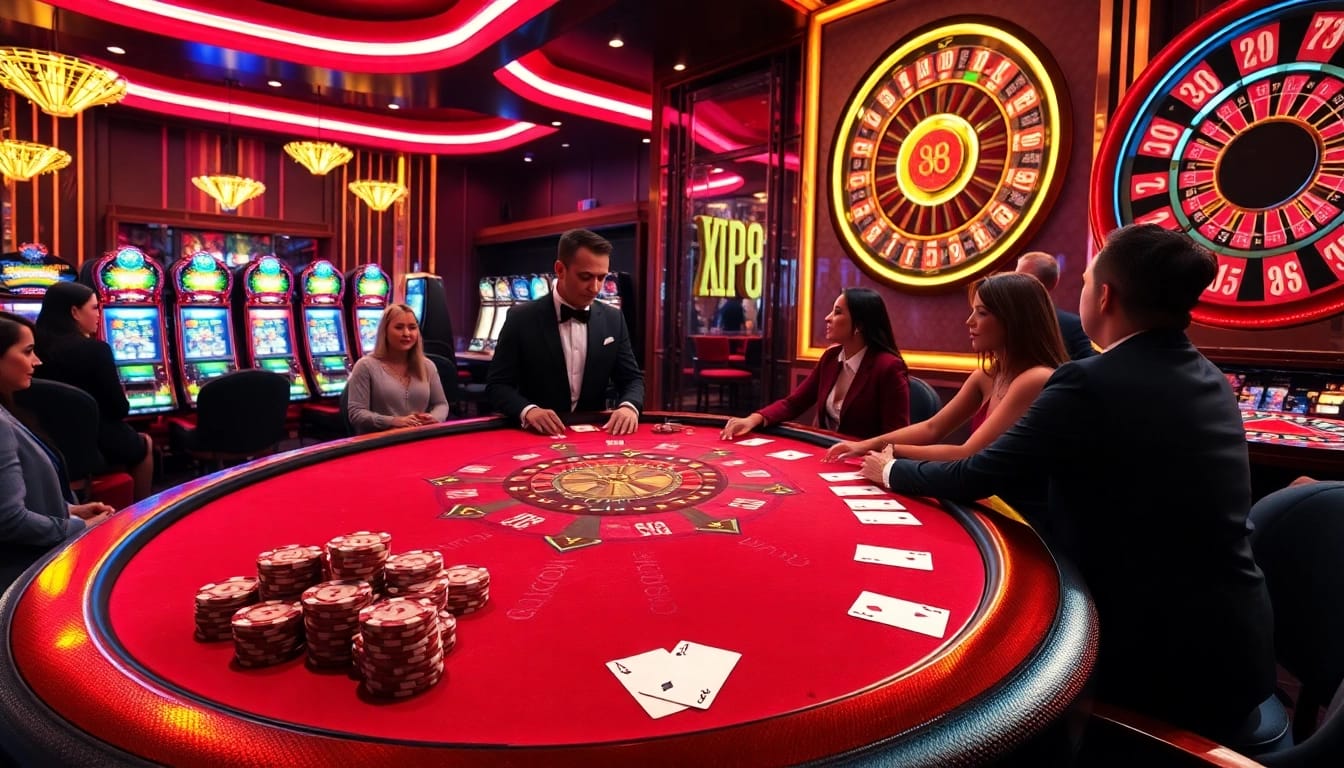 Exciting casino scene featuring poker table action and Kp88 themed gaming elements.
