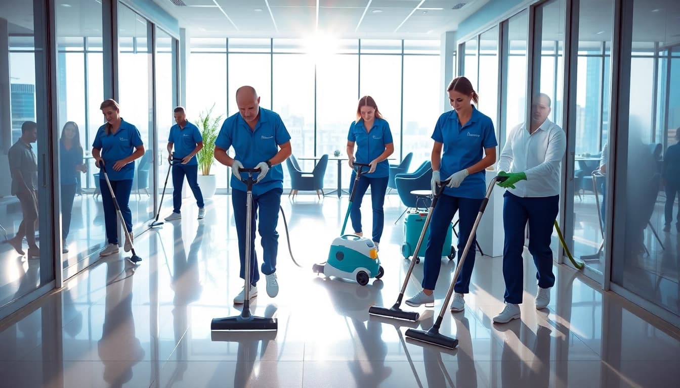 Professional team engaged in commercial cleaning, maintaining a pristine office environment.