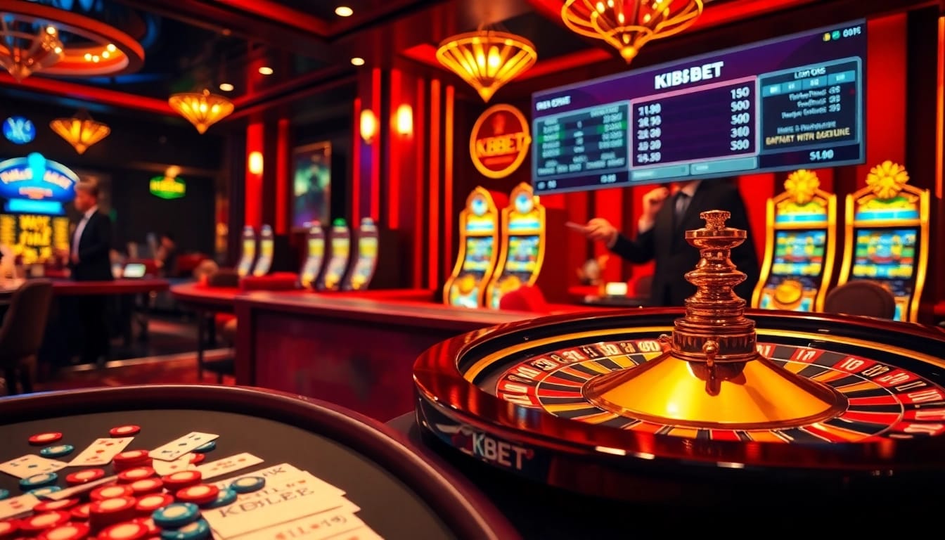 KBBET branding highlights a thrilling casino game scene with roulette wheel and poker chips.