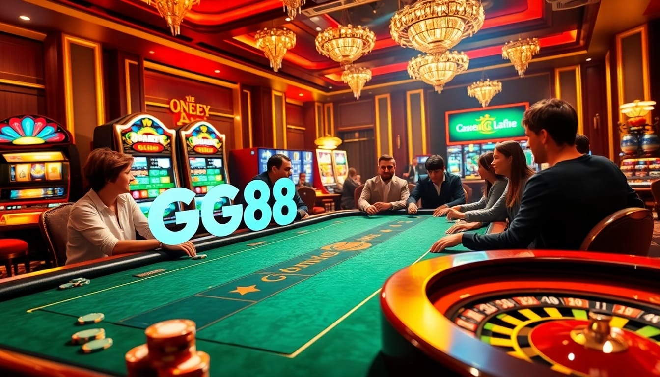 Players engaging in an exciting poker game at GG88 casino table surrounded by vibrant slot machines.