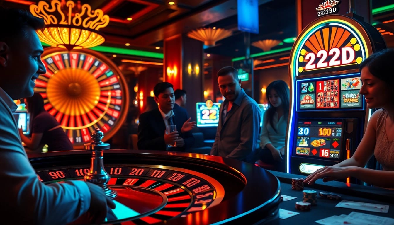 Players enjoying games at 222BD Casino, featuring vibrant slots and a stylish roulette wheel.