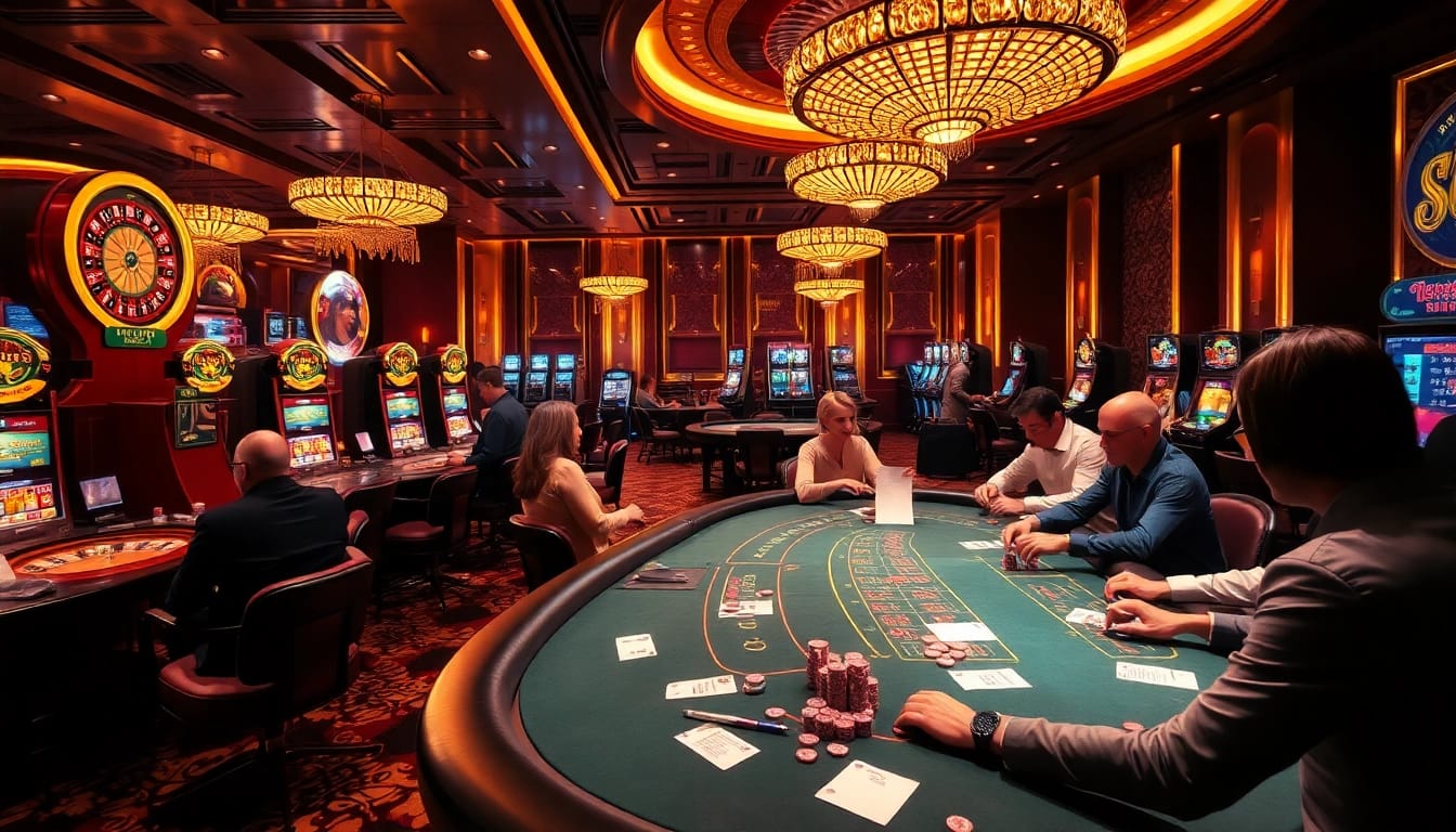 KJC Casio atmosphere filled with excitement and high-stakes gaming at https://kjcpro.it.com/ with vibrant colors and elegant designs.
