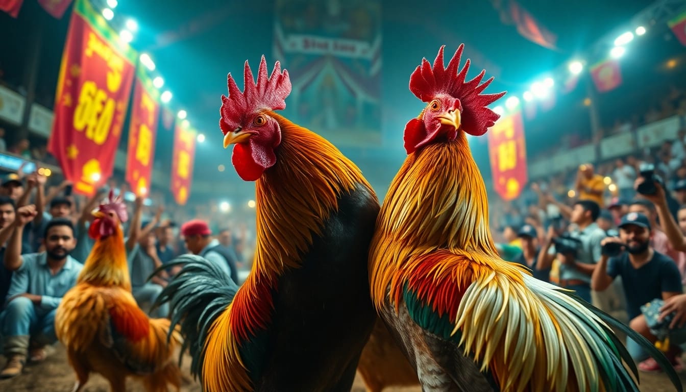 Live cockfighting excitement with SV368 at the center of the arena, showcasing vibrant roosters.