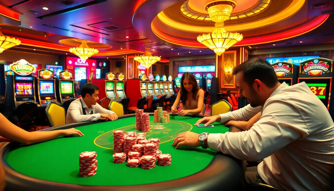 Players enjoy a lively poker game at dom88.us.com, featuring a glamorous dealer and vibrant chips.